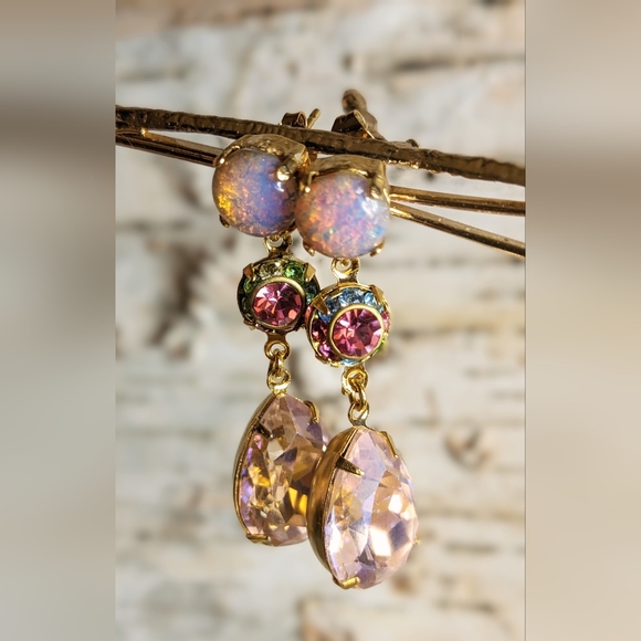 Pink Mystic Fire Opal & Swarovski Flower And Large Pink Crystal Earrings - Picture 5 of 7